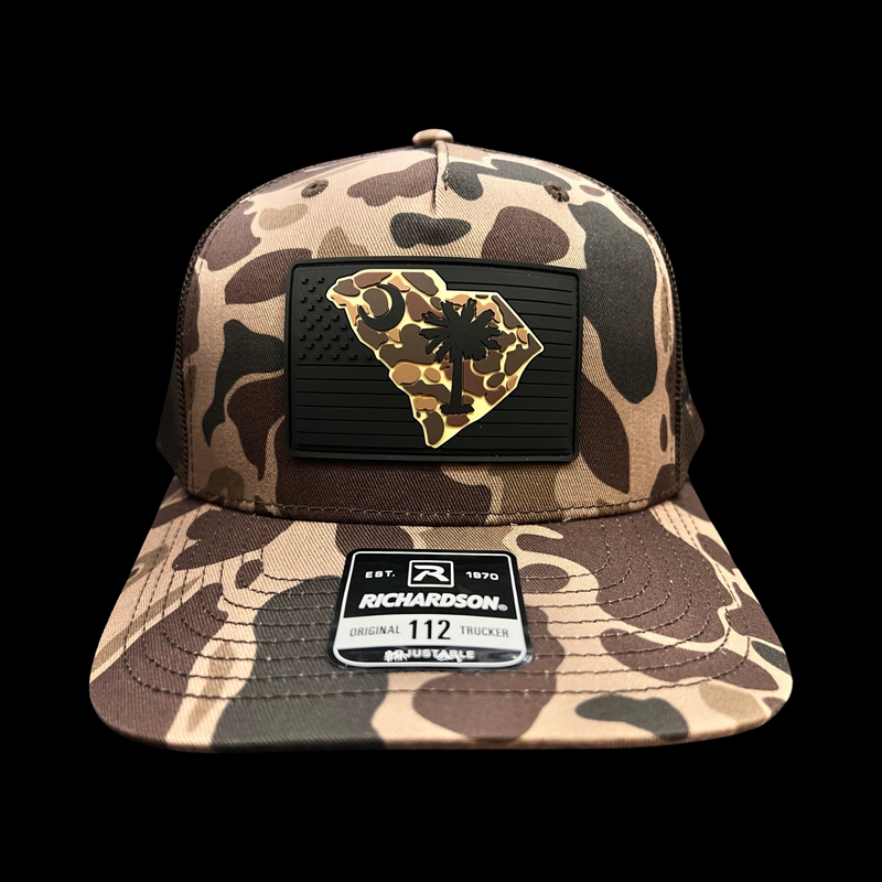 843 Richardson Bark Brown Duck Camo Blackout Performance PVC Patch Lowcountry Trucker