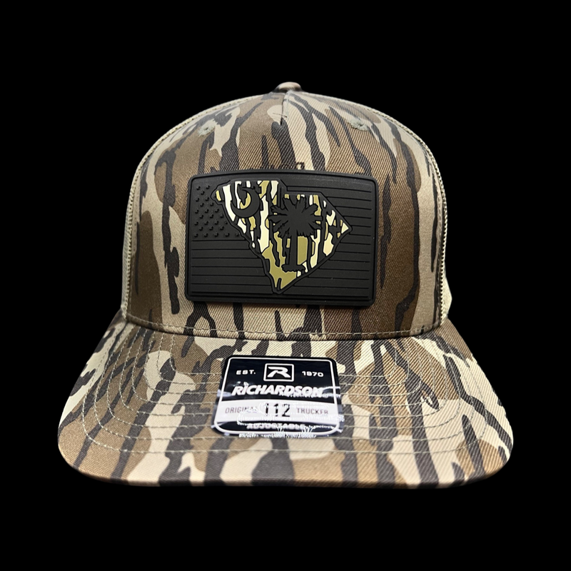 864 Richardson Bottomlandblack Camo Black Performance PVC Patch Trucker Hat