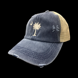 Palmetto Moon Distressed Criss Cross Washed Navy Ponytail Opening Relaxed Trucker Hat