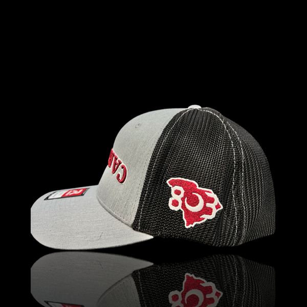 803 Richardson Inverted 3D Carolina Heather Black Fitted Trucker Hat