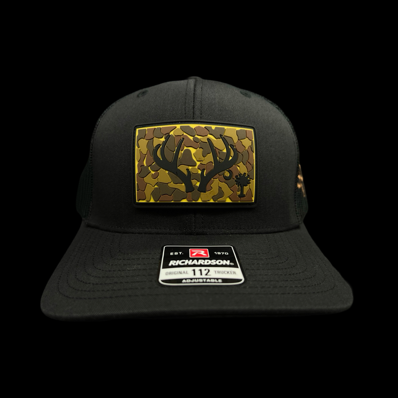 803 Oldscool Camo Antlers Performance Patch Trucker Hat