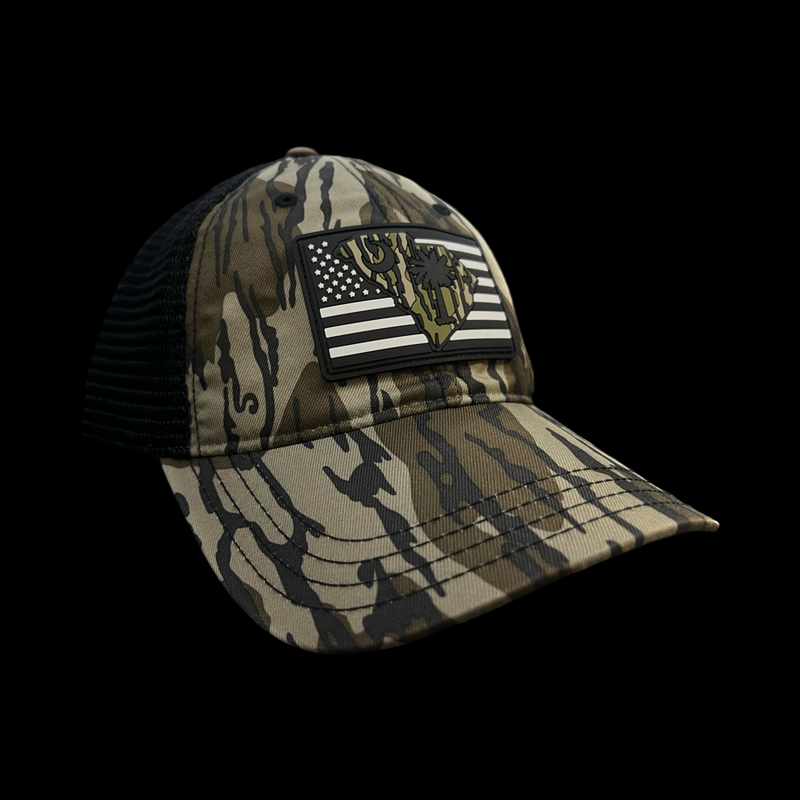 803 Richardson Bottomland Camo Performance PVC Patch Relaxed Trucker Hat