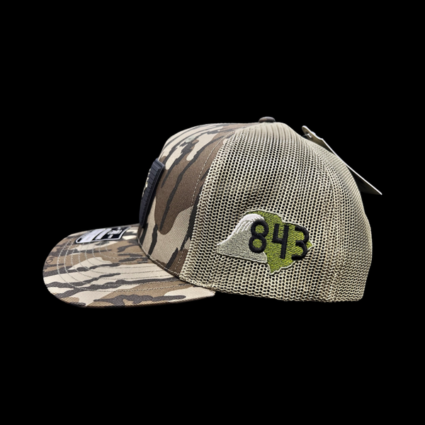 843 Lowcountry Richardson Bottomland Camo Black Performance PVC Patch Trucker Hat