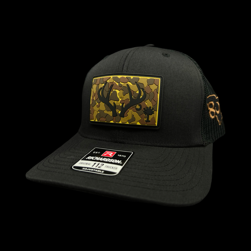 803 Oldscool Camo Antlers Performance Patch Trucker Hat