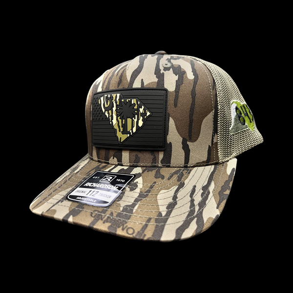 843 Lowcountry Richardson Bottomland Camo Black Performance PVC Patch Trucker Hat