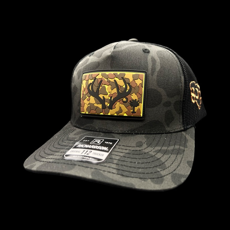 803 Black Duck Camo Antlers PVC Performance Patch Trucker Hat