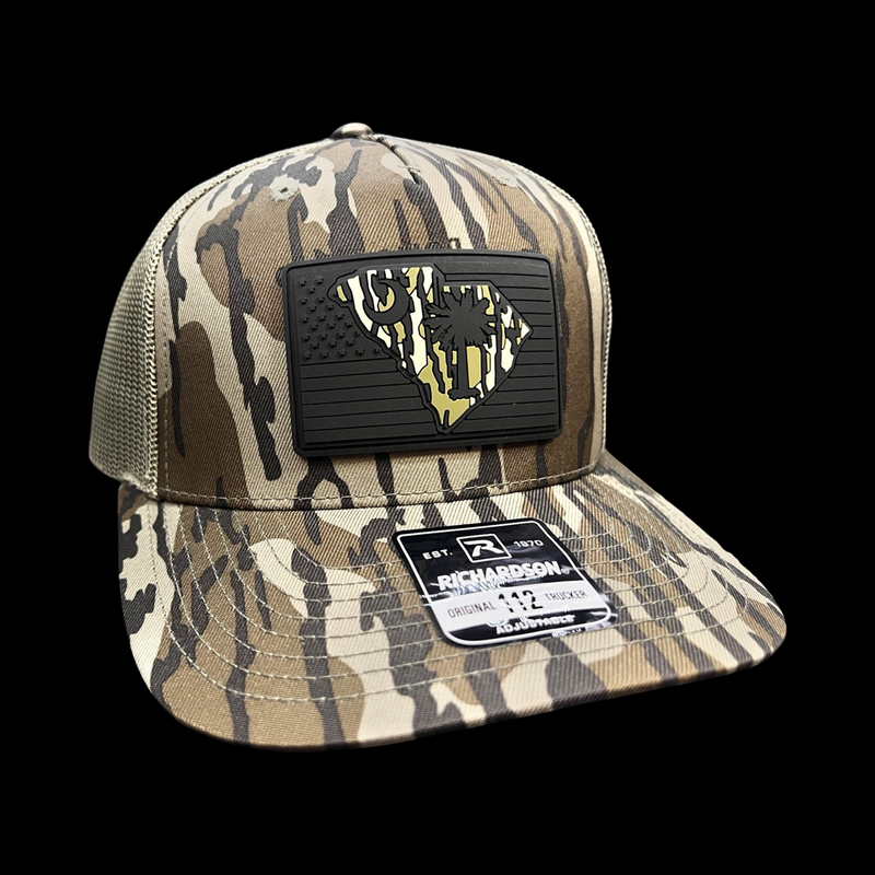 864 Richardson Bottomlandblack Camo Black Performance PVC Patch Trucker Hat