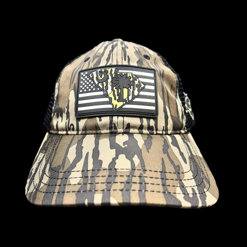 864 Richardson Bottomland Camo Performance PVC Patch Relaxed Trucker Hat