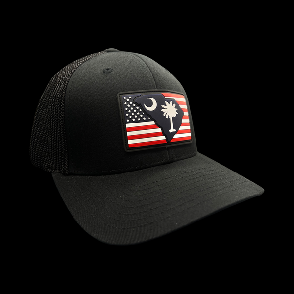 Flexfit Black Old Glory SC State Performance PVC Patch Fitted Trucker Hat