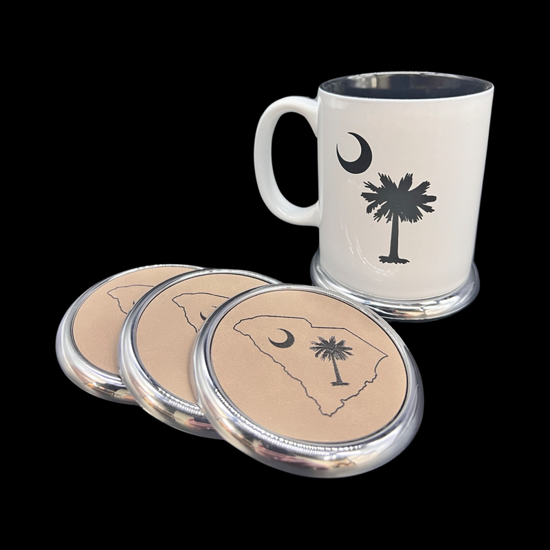 Palmetto Moon State Leather Chrome Laser Etched Coaster Set