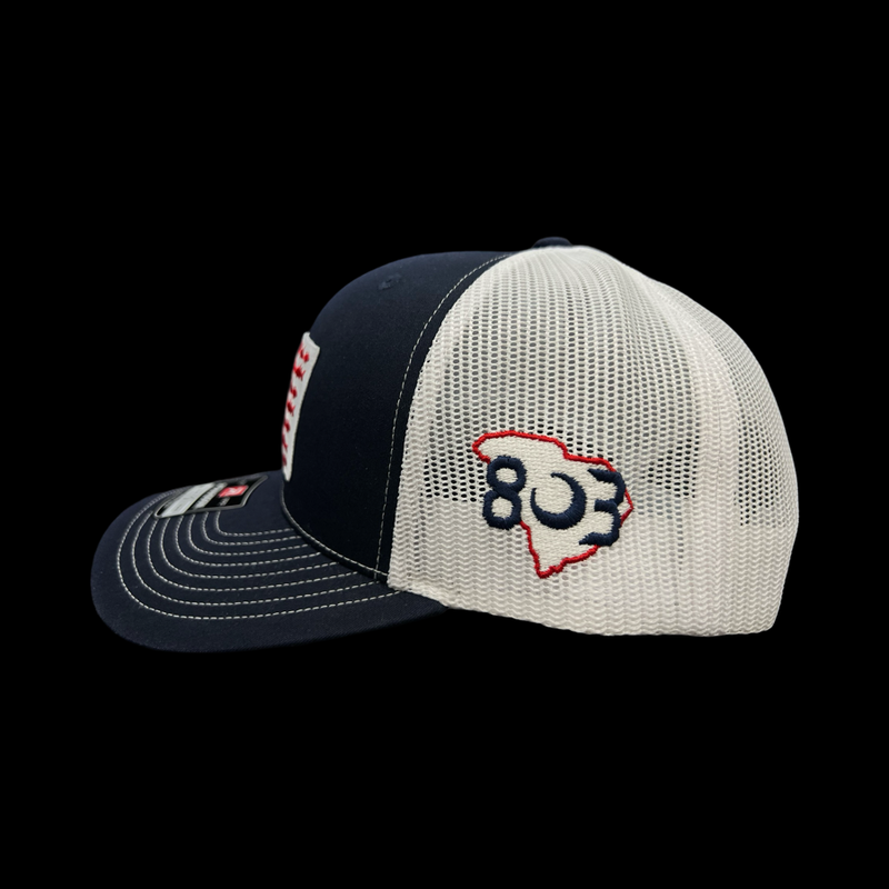 803 Richardson Navy White Embroidered Fish Patch Trucker Hat