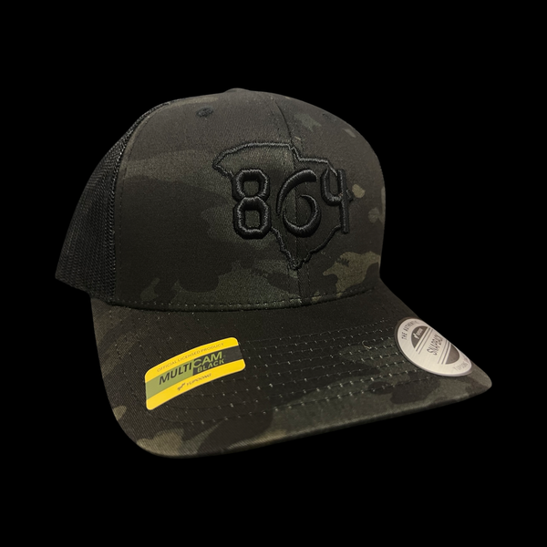 864 Yupoong Black Camo Trucker