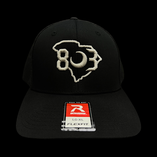 803 Richardson Black Fitted Mesh Flex Trucker Hat