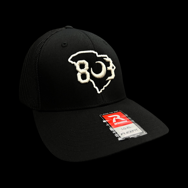 803 Richardson Black Fitted Mesh Flex Trucker Hat