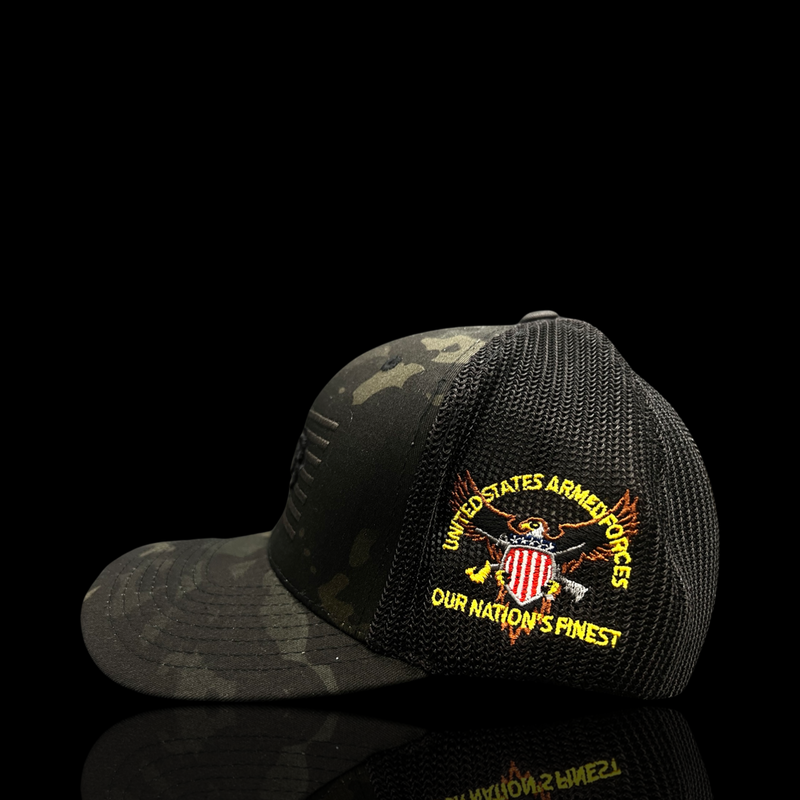 803 America Flexfit Black Camo Fitted Mesh Military Trucker Hat