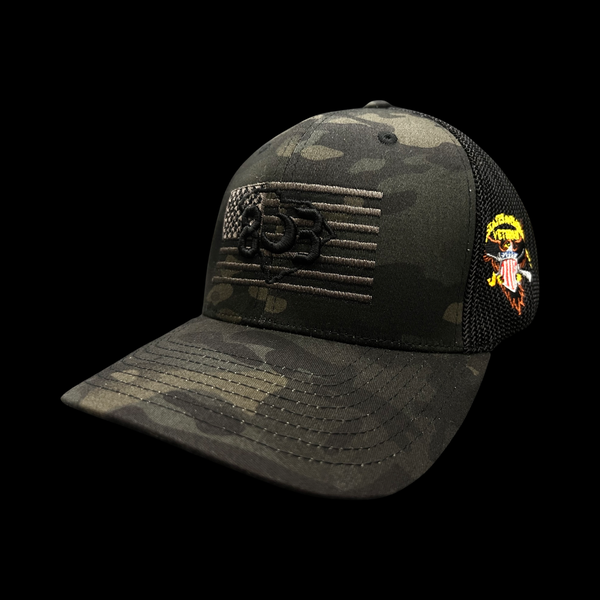 803 America Flexfit Black Camo Fitted Mesh Military Trucker Hat