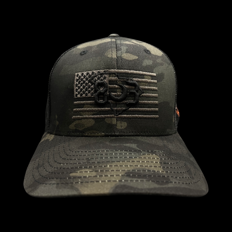 803 America Flexfit Black Camo Fitted Mesh Military Trucker Hat