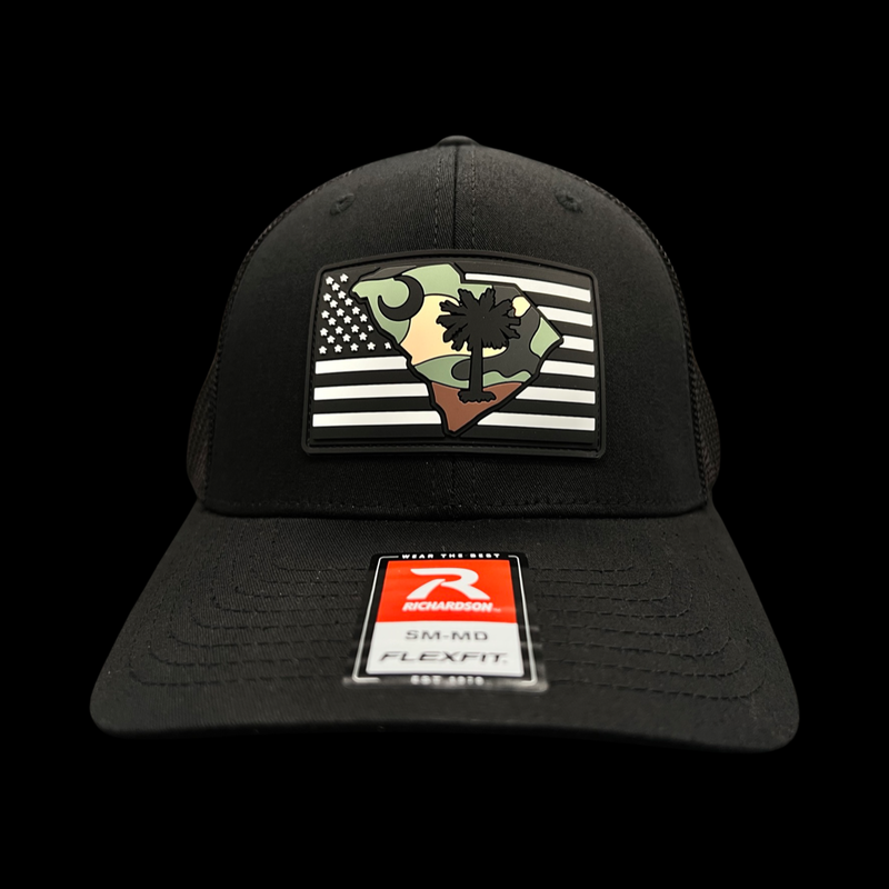 Richardson Vintage Old Glory Camo Performance PVC Patch Black Fitted Flex Trucker Hat