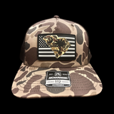 843 Richardson Bark Brown Duck Camo Vintage Black White Performance PVC Patch Lowcountry Trucker