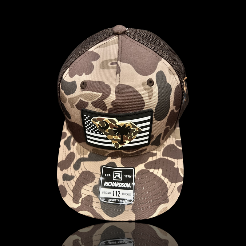 843 Richardson Bark Brown Duck Camo Vintage Black White Performance PVC Patch Lowcountry Trucker