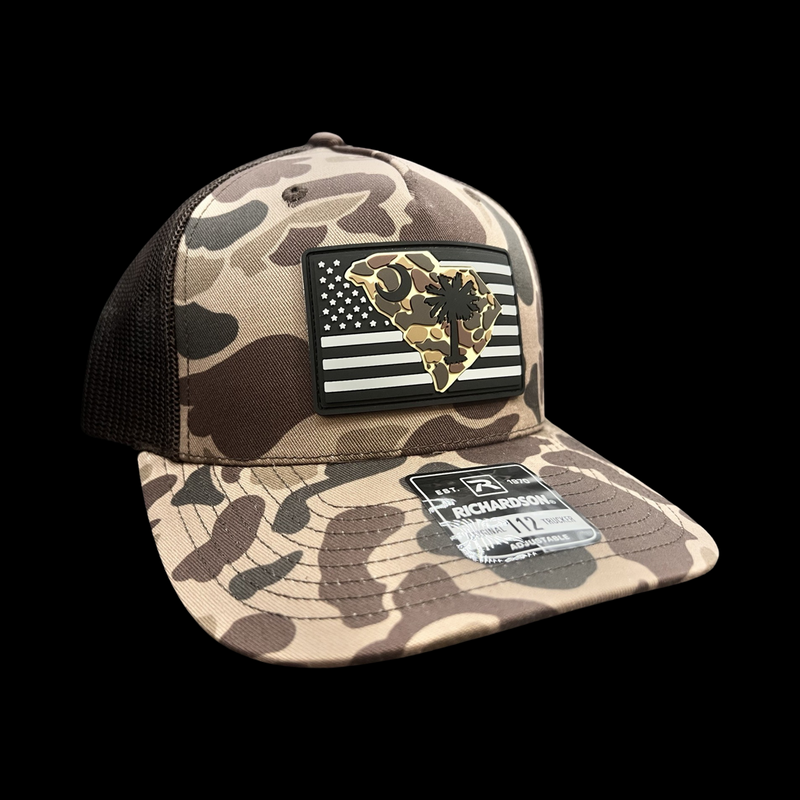 843 Richardson Bark Brown Duck Camo Vintage Black White Performance PVC Patch Lowcountry Trucker