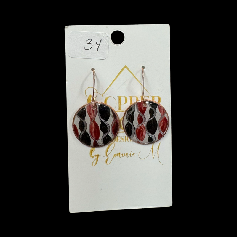 Black and Garnet Locally Made Copper Earrings Round