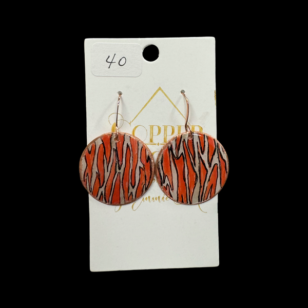 Orange, White & Black Locally Made Copper Earrings 1-1/8”Round