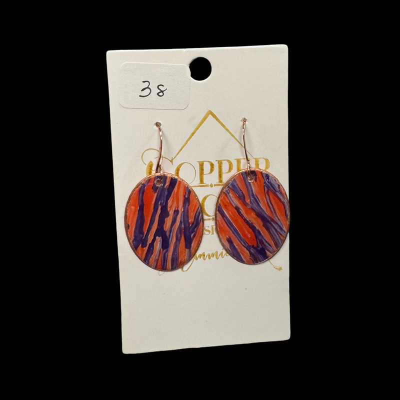 Orange & Purple Locally Made Copper Earrings 1.25” Oval