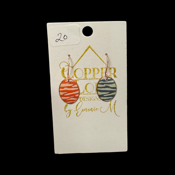 Orange, Gray and Cream  Zebra Pattern Locally Made Copper Earrings .75” Oval