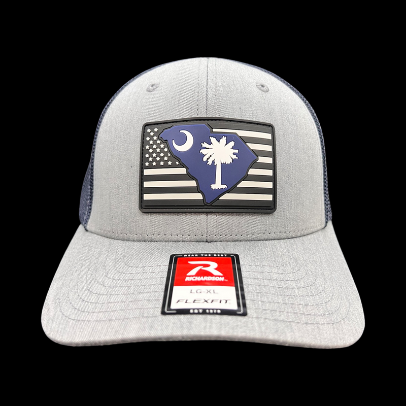 843 Richardson Flexfit Heather Grey Navy Performance PVC Fitted Trucker Hat