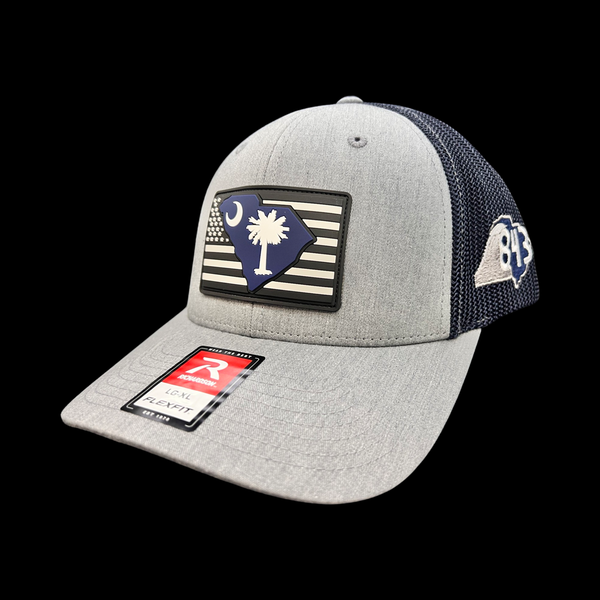 843 Richardson Flexfit Heather Grey Navy Performance PVC Fitted Trucker Hat