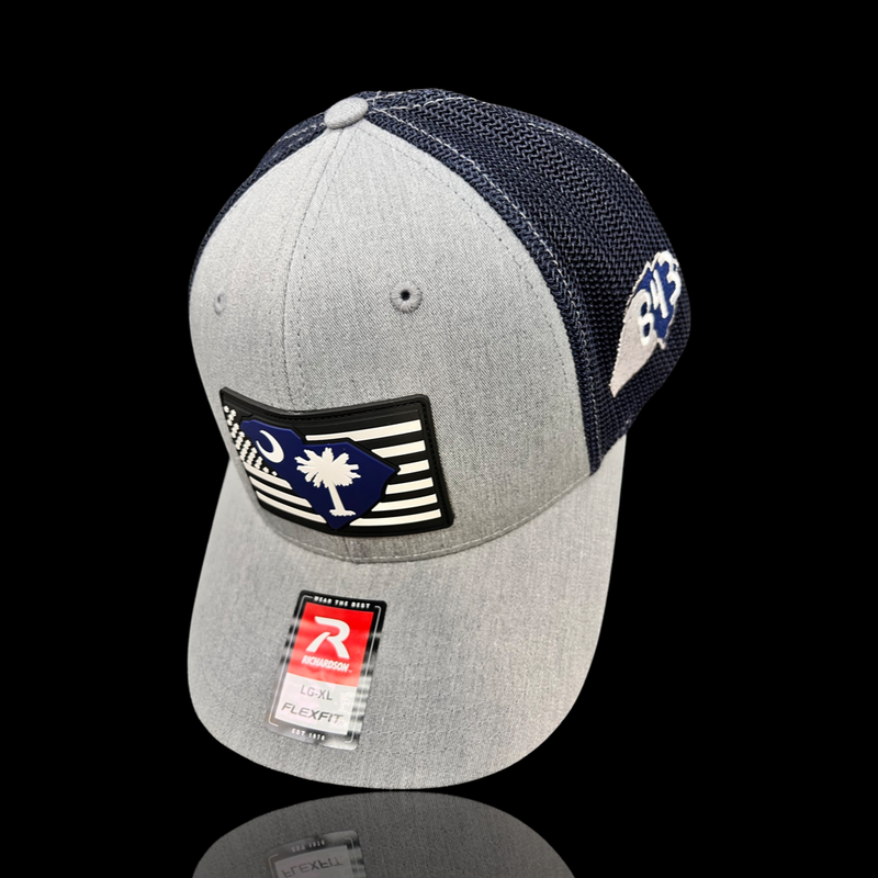 843 Richardson Flexfit Heather Grey Navy Performance PVC Fitted Trucker Hat