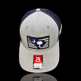 843 Richardson Flexfit Heather Grey Navy Performance PVC Fitted Trucker Hat