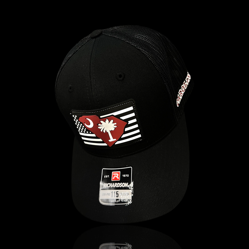 Richardson 115 Low Profile Black Performance PVC Vintage BW Garnet Trucker Hat