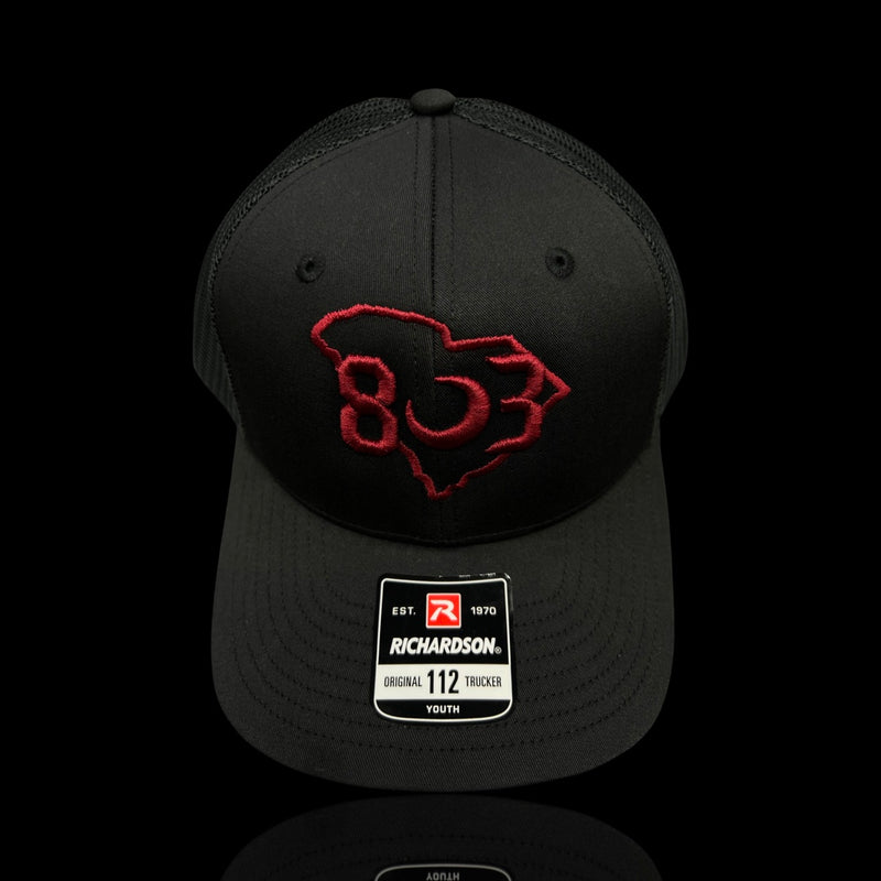 803 Richardson Black Widow Garnet Youth Trucker Hat