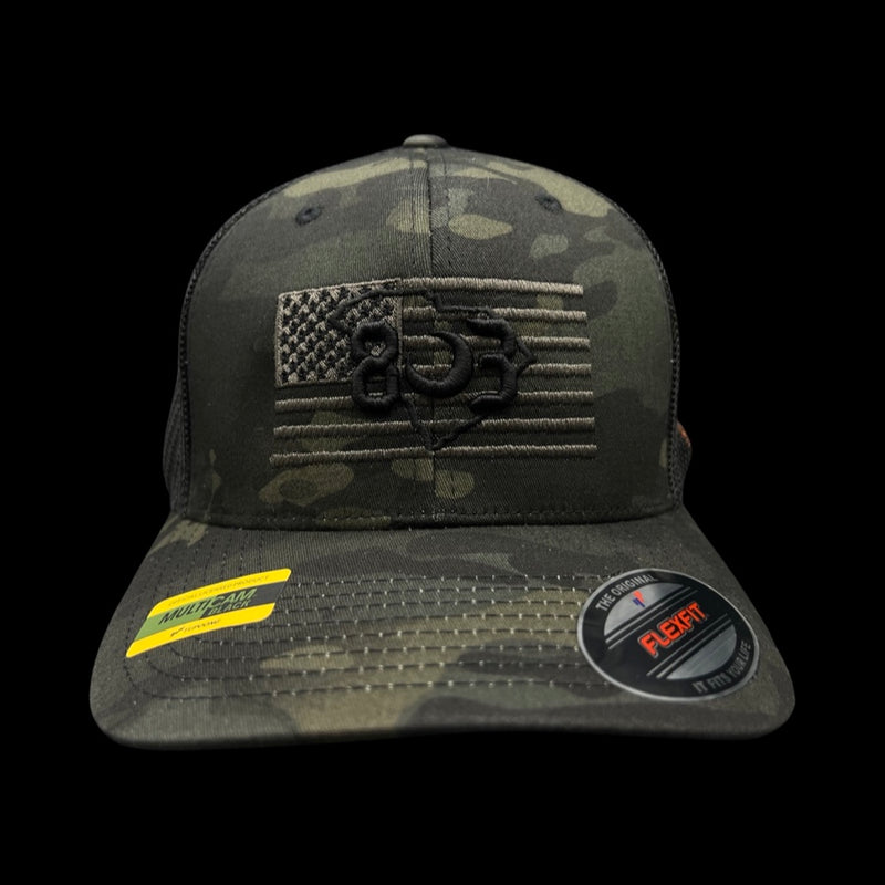 803 America Flexfit Black Camo Fitted Mesh Veteran Trucker Hat