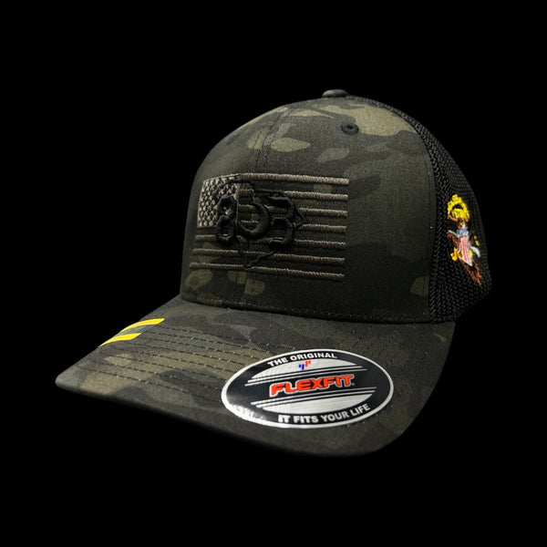 803 America Flexfit Black Camo Fitted Mesh Veteran Trucker Hat