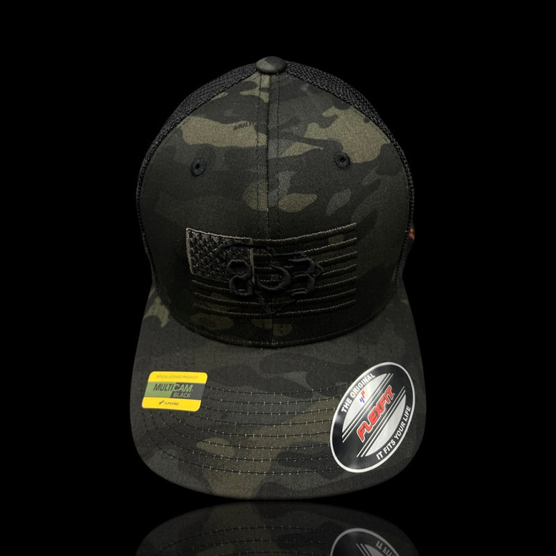 803 America Flexfit Black Camo Fitted Mesh Veteran Trucker Hat