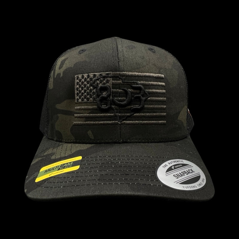 803 America Yupoong Black Camo Military Trucker Hat