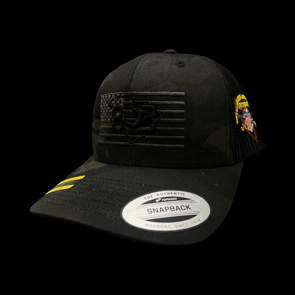 803 America Yupoong Black Camo Military Trucker Hat