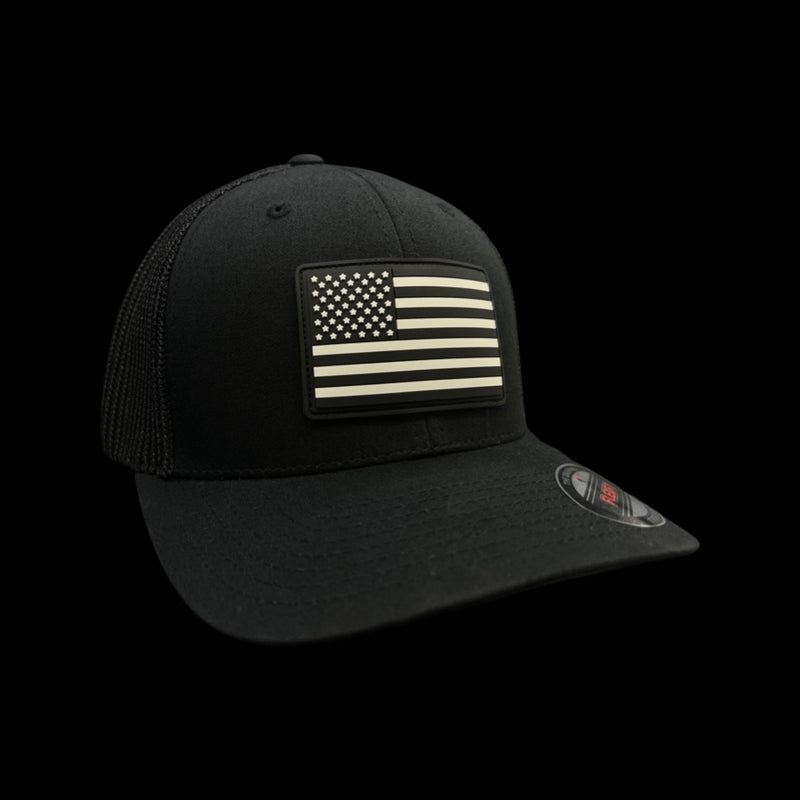 803 Flexfit Vintage Black and White Old Glory PVC Patch Fitted Trucker Hat