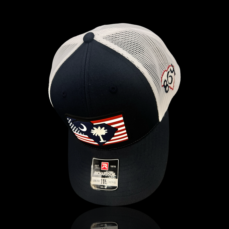 864 Richardson 115 RWB Performance PVC Patch Navy White Low Profile Trucker Hat