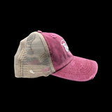 803 Distressed Garnet Criss Cross Pony Relaxed Fit Pony Tail Hat