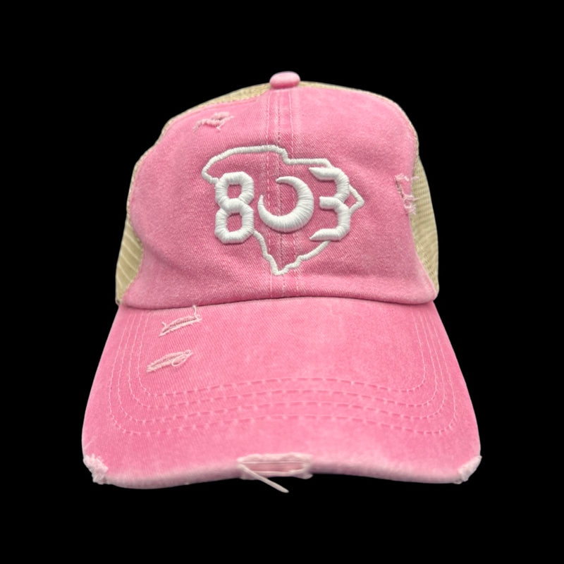 803 Distressed Pink Criss Cross Pony Relaxed Fit Pony Tail Hat