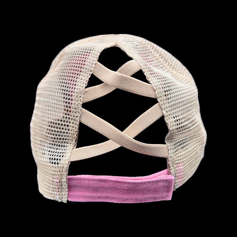 803 Distressed Pink Criss Cross Pony Relaxed Fit Pony Tail Hat