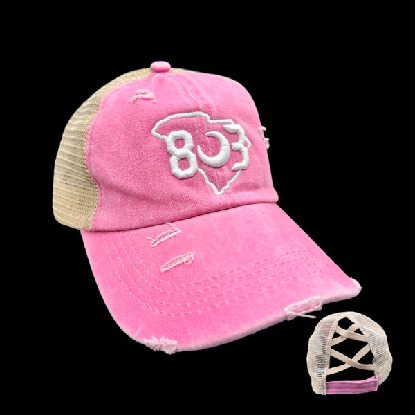 803 Distressed Pink Criss Cross Pony Relaxed Fit Pony Tail Hat