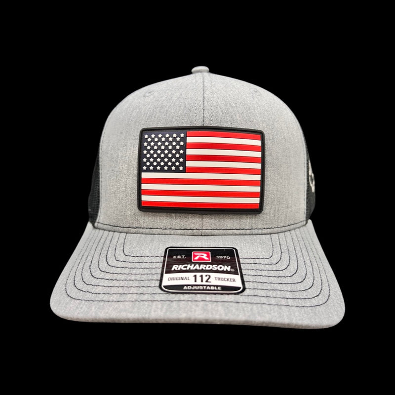 Richardson Heather Grey Black Old Glory PVC Performance Patch Trucker Hat