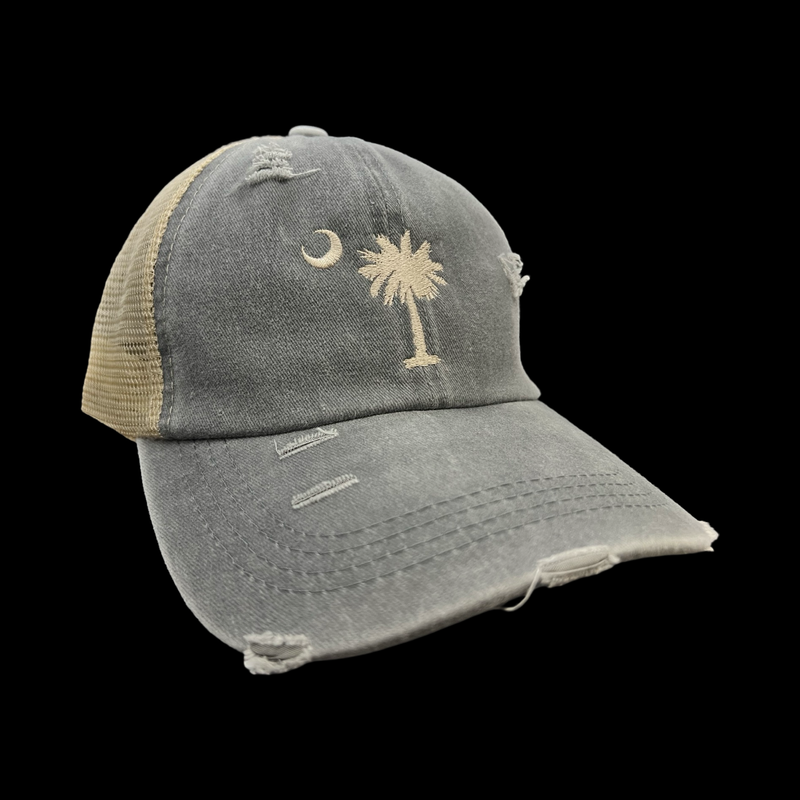 Palmetto Moon Distressed Criss Cross Grey Ponytail Opening Relaxed Ladies Trucker Hat