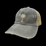 Palmetto Moon Distressed Criss Cross Grey Ponytail Opening Relaxed Ladies Trucker Hat