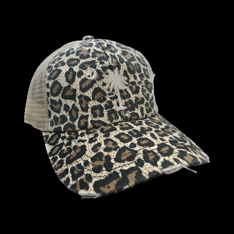 Palmetto Moon Distressed Criss Cross Leopard Print Ponytail Opening Relaxed Trucker Hat